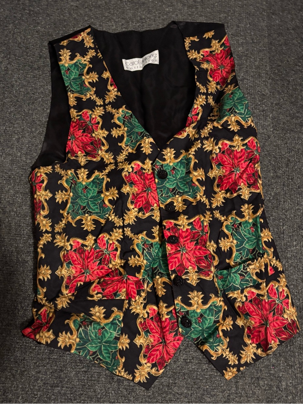 Vintage Black Floral Vest - Red & Green 90s